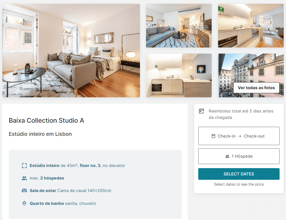 Perfil de um Apartamento de Alojamento Local em Lisboa no site da GuestReady
