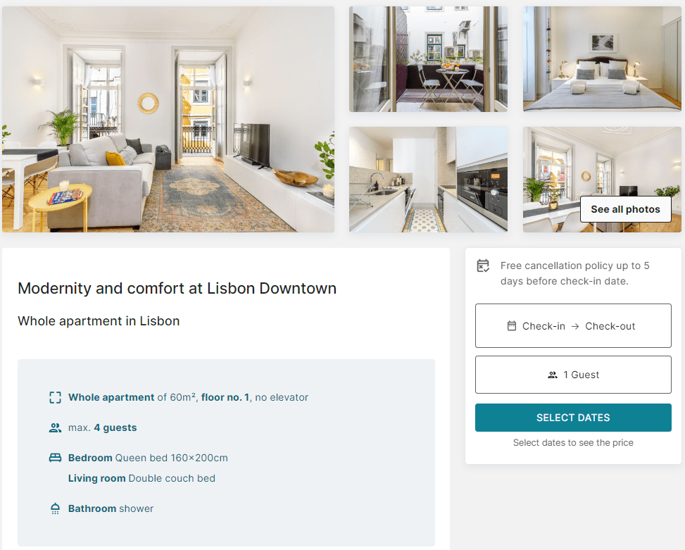 Perfil de um Apartamento de Alojamento Local em Lisboa no site da GuestReady