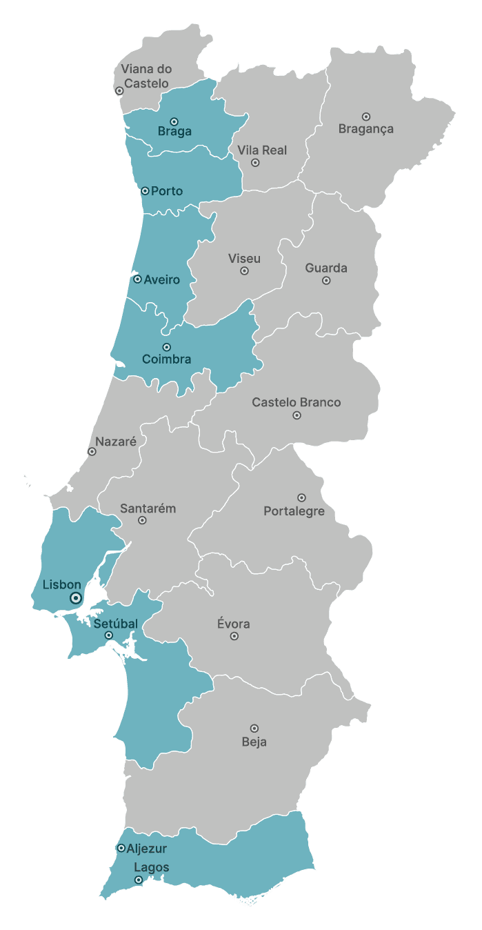 Map of Portugal with good rental yields districts in Portugal