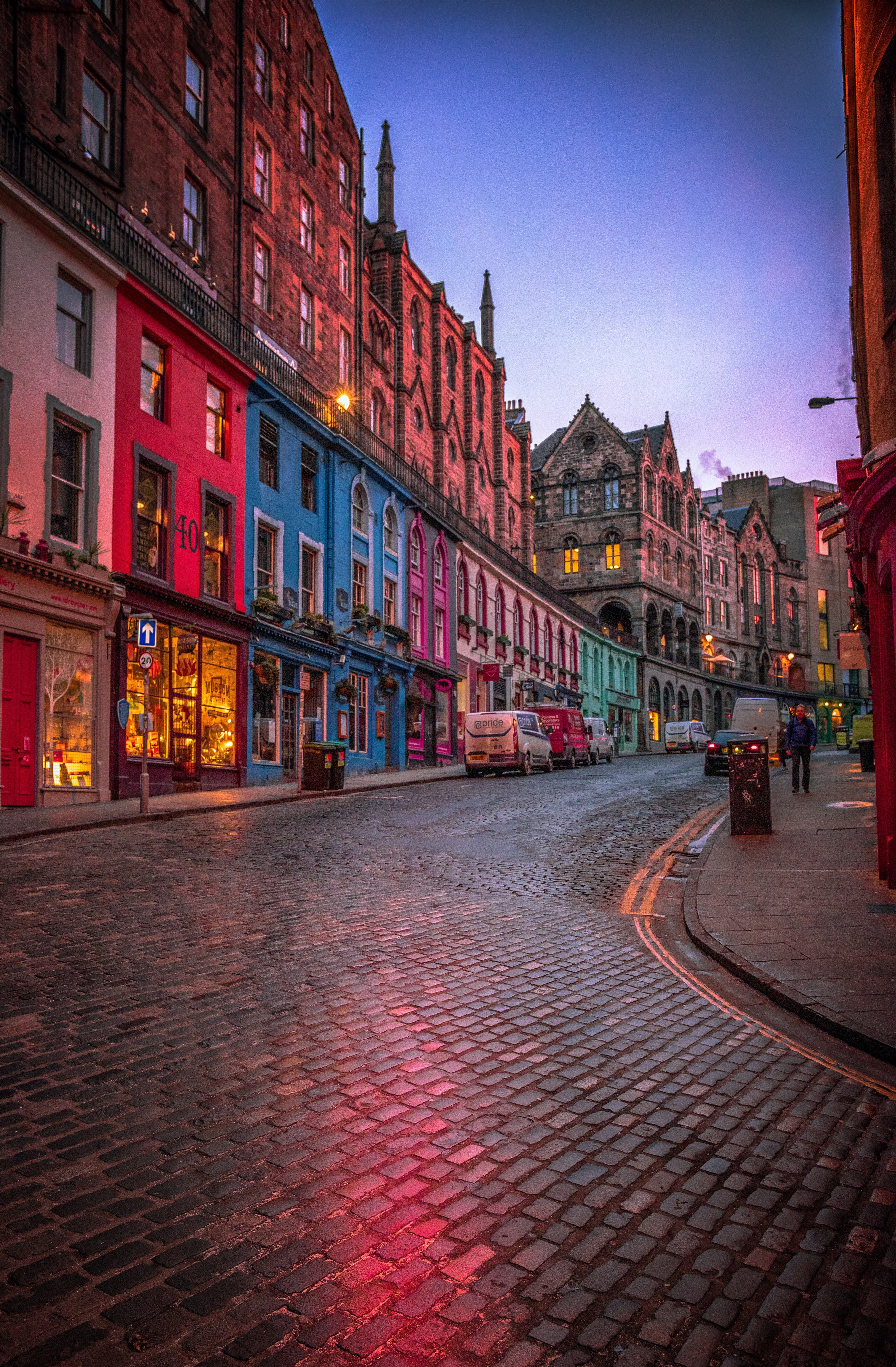 colourful buildings in a Scottish cobbled street